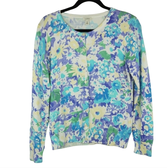 L.L. Bean Sweaters - LL Bean‎ Floral Cardigan Sweater Pastel Blue Purple Yellow Green Size Medium